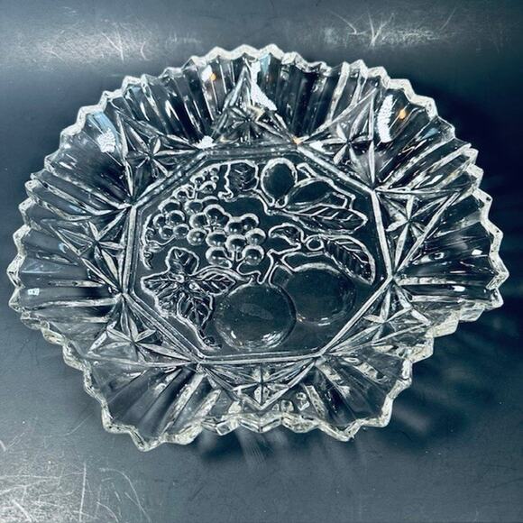 Federal Glass Pioneer Clear 11" Round Crimped Bowl Clear&Frosted Pressed Fruit - Picture 1 of 13